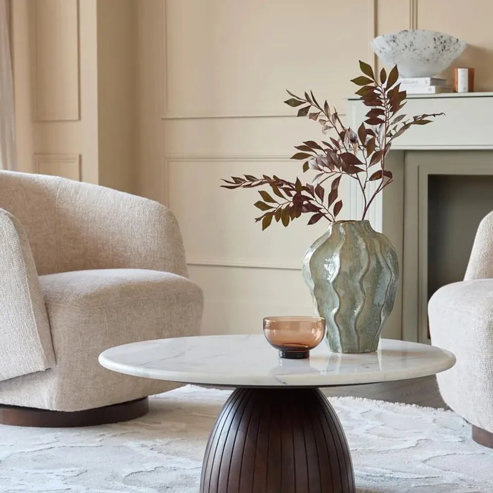 BOXED DANETTI MALIN WHITE MARBLE TOP DARK WOOD COFFEE TABLE (2 BOXES)