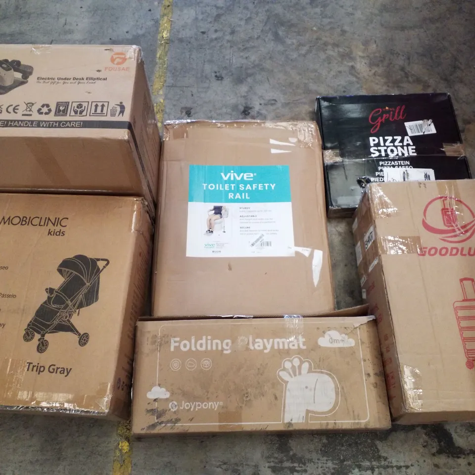 PALLET CONTAINING ASSORTED PRODUCTS INCLUDING ELECTRIC UNDER DESK ELLIPTICAL, STROLLER, FOLDING PLAYMAT, TOILET SAFTEY RAIL, PIZZA STONE & 20" SUITCASE