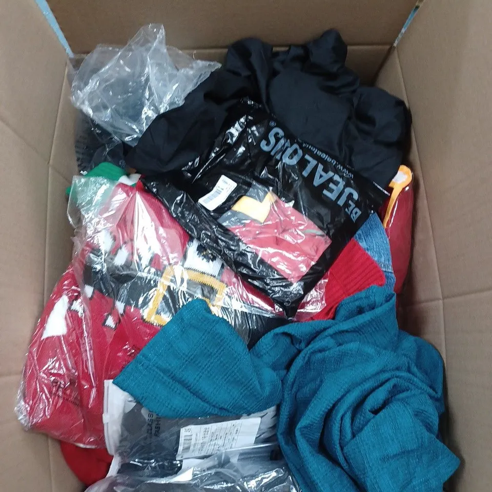BOX OF APPROX. 25 ASSORTED CLOTHING VARYING IN SIZE/COLOUR/STYLE TO INCLUDE:  TOPS, TROUSERS, JUMPERS