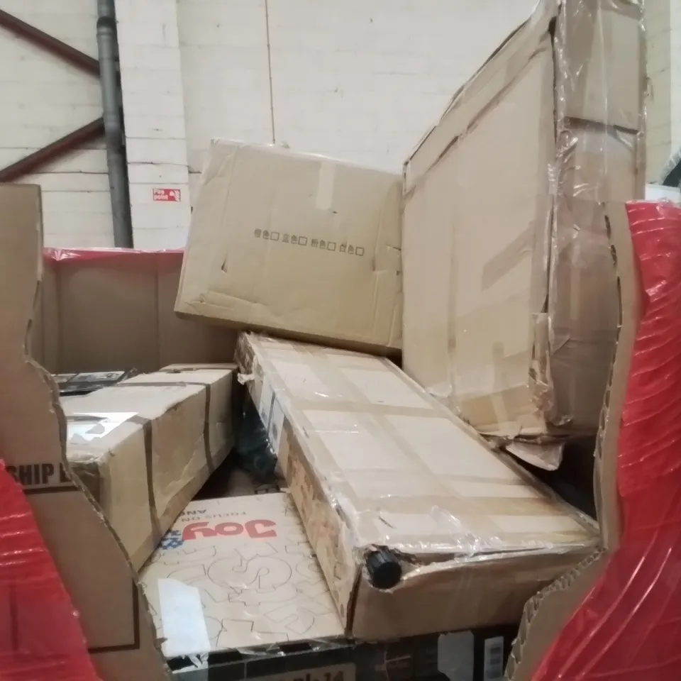 PALLET CONTAINING VARIOUS ASSORTED BOXED HOUSEHOLD ITEMS TO INCLUDE:KIDS BIKE,KID SWINGS,MULTI PERSON JUICER AND LOTS MORE UNMARKED BOXED ITEMS 