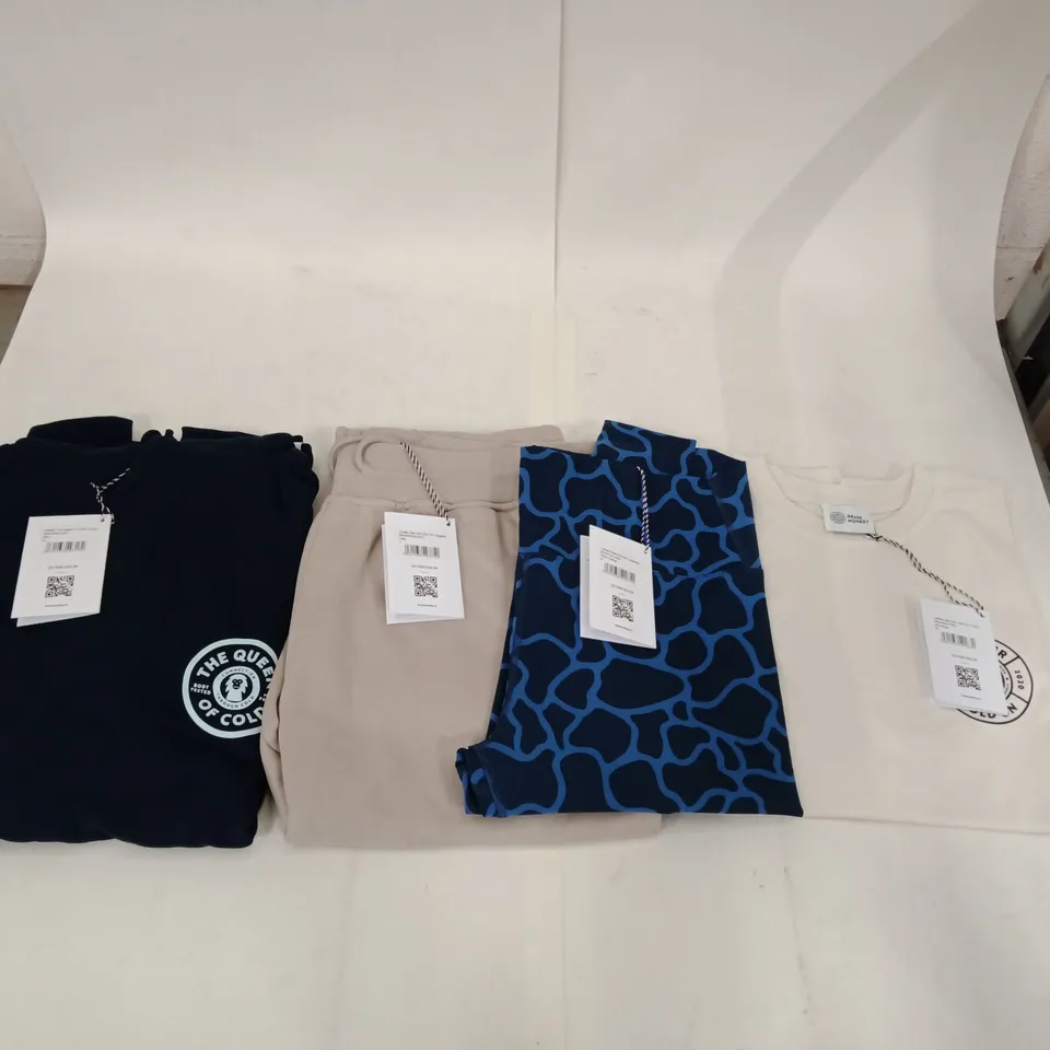 BOX OF MIXED ASSORTMENT OF BRAND NEW BRASS MONKEY CLOTHING ITEMS, INCLUDING - JOGGERS, HOODIES, T-SHIRTS, LEGGINGS - MIXED SIZES APPROXIMATELY 34X ITEMS