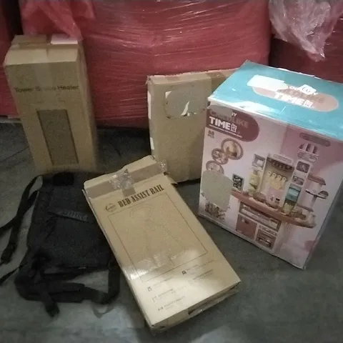 PALLET OF ASSORTED ITEMS TO INCLUDE: BED ASSOST RAIL, CHILDLIKE TIME TOY, TOWER SPACE HEATER, STANDING SHELF UNIT ETC