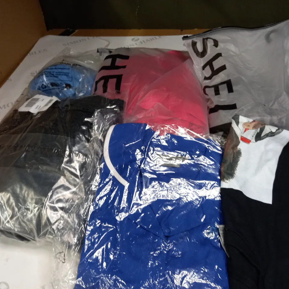 BOX OF ASSORTED CLOTHING ITEMS TOO INCLUDE JUMPERS, SHIRTS AND TROUSERS IN VARIOUS SIZES AND COLOURS   