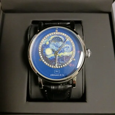 ZIHLMANN & CO STAINLESS STEEL AUTOMATIC MOONPHASE WATCH WITH BLACK LEATHER STRAP IN BOX