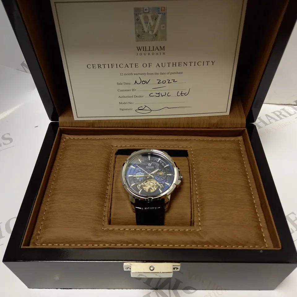 MENS WILLIAM JOURDAIN AUTOMATIC 2580 WATCH – OPEN HEART MOVEMENT WITH SUB DIALS – GLASS EXHIBITION BACK CASE – BLACK GENUINE LEATHER STRAP