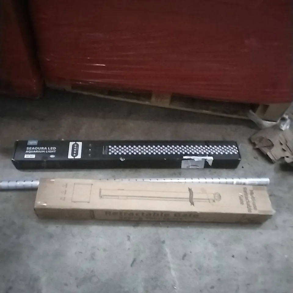 PALLET OF ASSORTED ITEMS INCLUDING - WINDOW FILM, RETRACTABLE GATE, AQUARIUM LIGHT