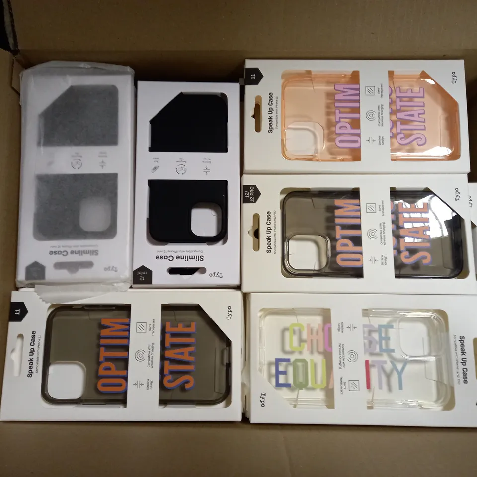 BOX OF APPROXIMATELY 50 TYPO PHONES CASES ('SLIMLINE CASE' & 'SPEAK UP CASE') FOR IPHONE 11, 12 MINI, 12/12PRO IN VARYING COLOURS