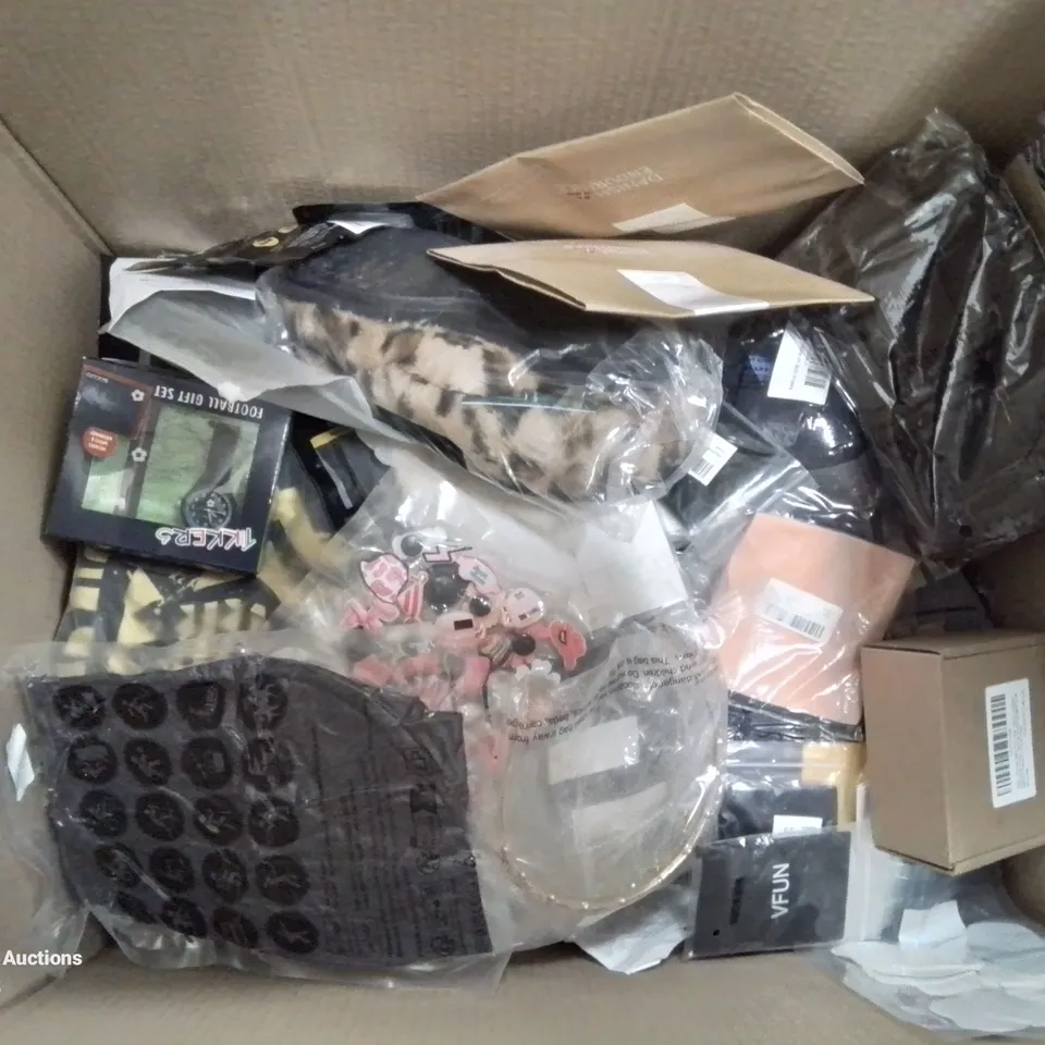 BOX CONTAINING LARGE AMOUNT OF MIXED FASHION ITEMS, SILVER PLATE AND COSTUME JEWELLERY, CLOTHING ITEMS ETC.