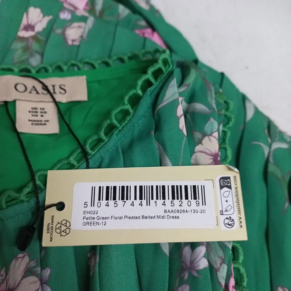 OASIS GREEN FLORAL PLEATED BELTED MIDI DRESS – PETITE, UK 12