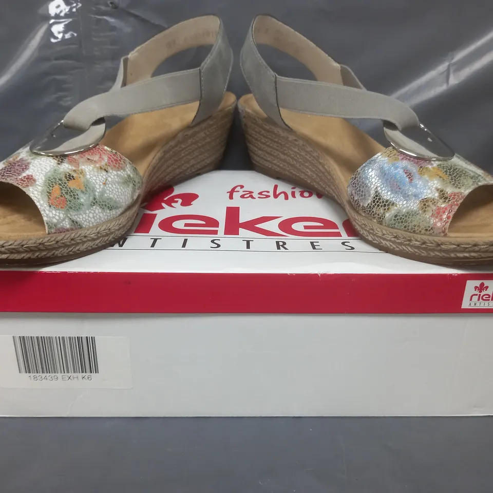 BOXED PAIR OF RIEKER WEDGE SANDALS IN MULTI SIZE 6