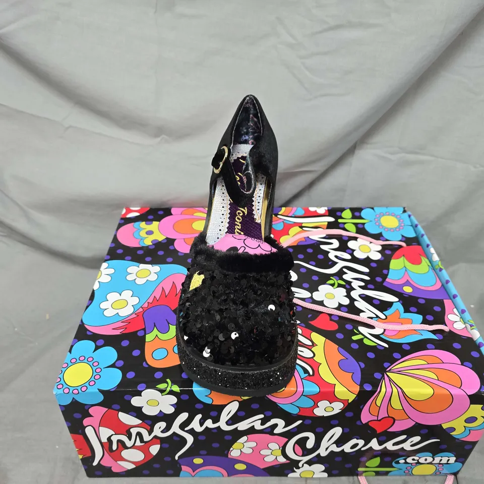BOXED PAIR OF IRREGULAR CHOICE COSY NIGHT SHOES IN BLACK SEQUIN - SIZE 41