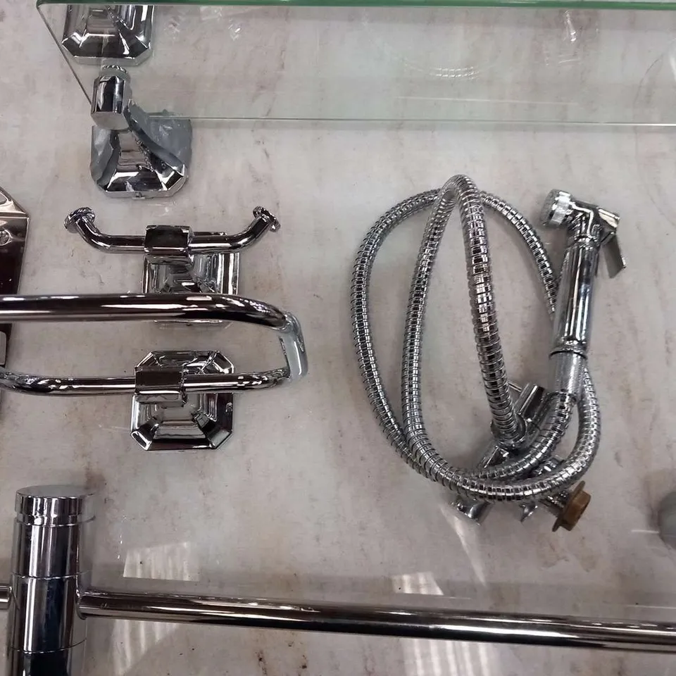 SHOWER SET CONSISTING OF; MIRA ESCAPE 9.8 SHOWER, SOAP HOLDER, TOWEL RAIL, COAT HOOK AND GLASS SHELF AND SHATAFF