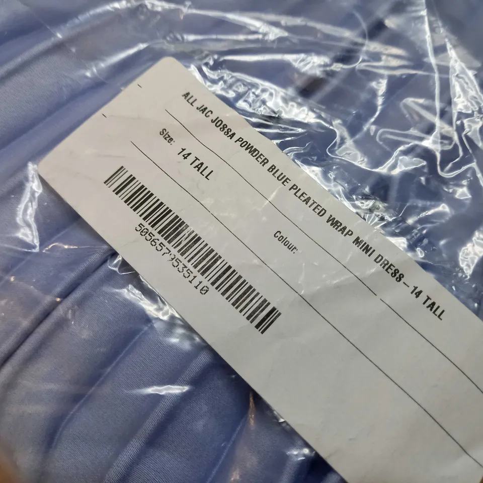 PACKAGED ALL JAC JOSSA POWDER BLUE PLEATED WRAP MINI DRESS - SIZE 14 TALL