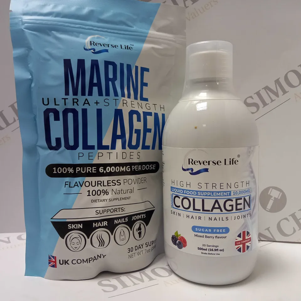 REVERSE LIFE NUTRA COLLAGEN 10000MG PURE PEPTIDE 500ML & ULTRA+STRENGTH COLLAGEN 6000MG FLAVOURLESS POWDER 200G