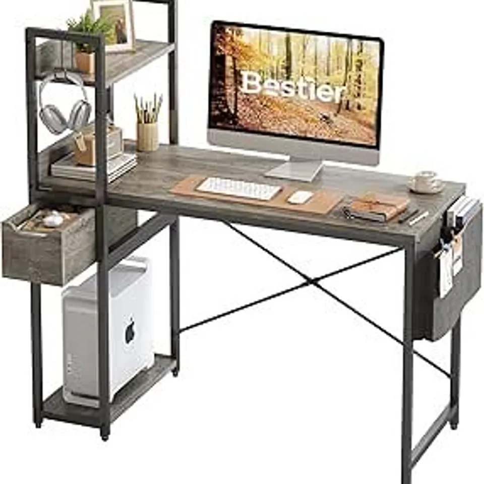 BOXED BESTIER COMPUTER DESK WITH STORAGE SHELVES, 120CM CORNER DESK - GREY (1 BOX)