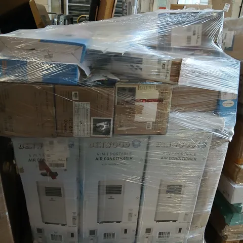PALLET OF ASSORTED HOUSEHOLD PRODUCTS TO INCLUDE; DENWOOD AIR CONDITIONERS, WARM FOOT BOTTOM CURE MASSAGER, SOUNDBAR AND BLISS AND BEYOND AIR CIRCULATOR TURBO FAN