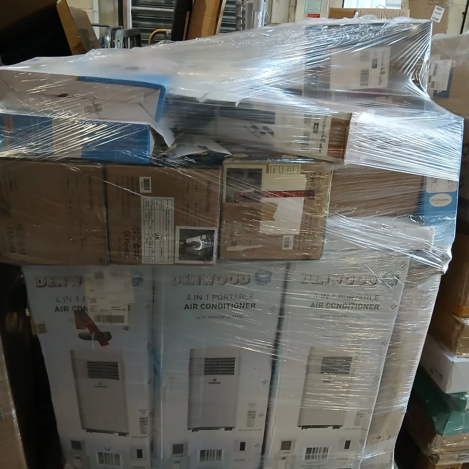 PALLET OF ASSORTED HOUSEHOLD PRODUCTS TO INCLUDE; DENWOOD AIR CONDITIONERS, WARM FOOT BOTTOM CURE MASSAGER, SOUNDBAR AND BLISS AND BEYOND AIR CIRCULATOR TURBO FAN