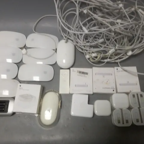 LARGE QUANTITY OF ASSORTED APPLE ACCESSORIES TO INCLUDE WIRELESS MOUSE, POWER ADAPTERS, LIGHTENING DOCKS AND WIRED EARPHONES