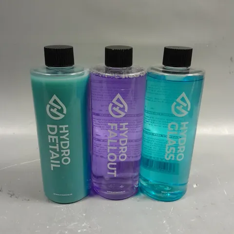 3 X HYDRO UK CAR CLEANING PRODUCTS TO INCLUDE GLASS CLEANER, FALLOUT & DETAIL - COLLECTION ONLY 