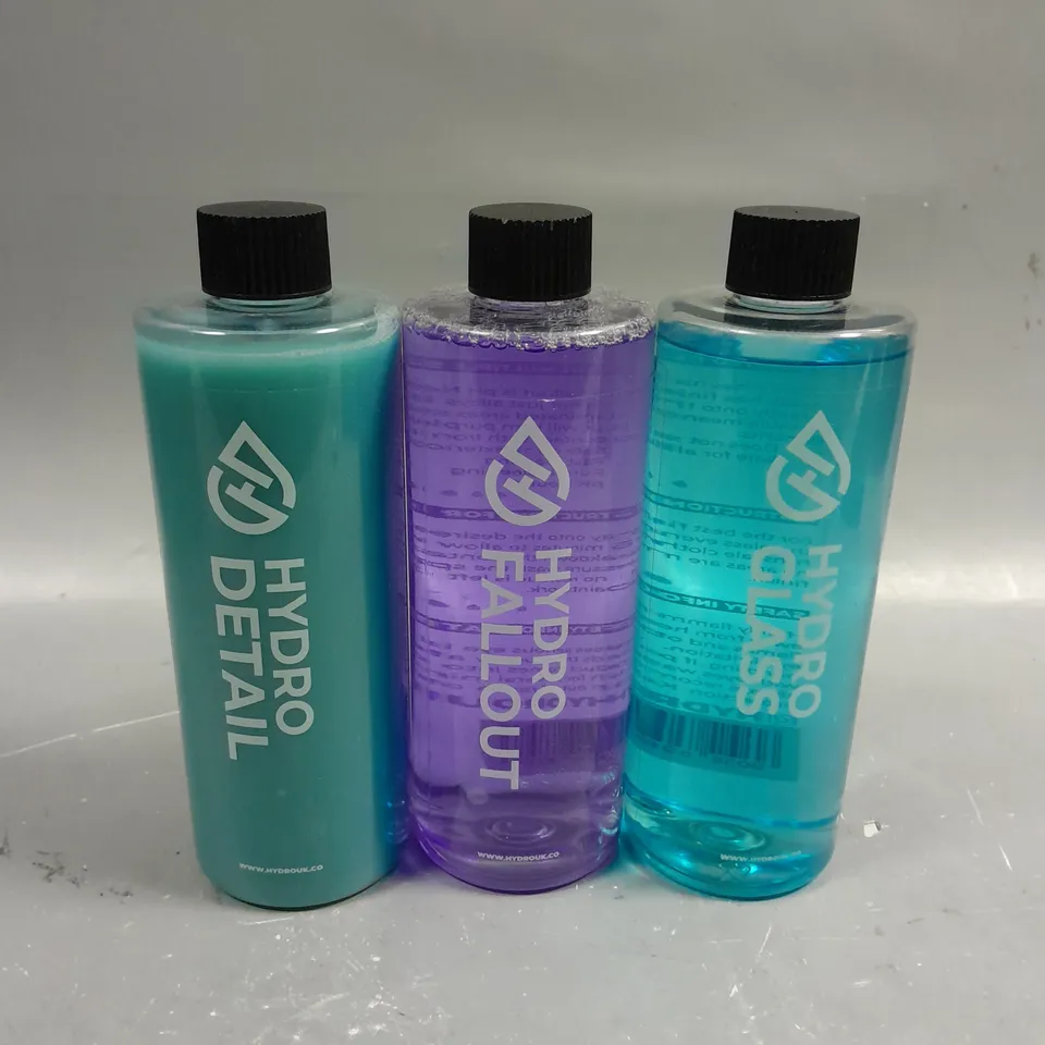 3 X HYDRO UK CAR CLEANING PRODUCTS TO INCLUDE GLASS CLEANER, FALLOUT & DETAIL - COLLECTION ONLY 