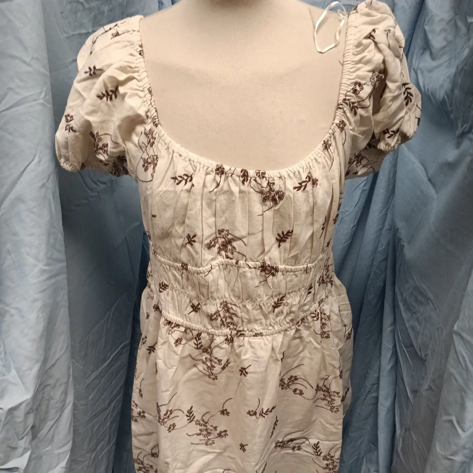 WILD FLOWER ALLOVER EMBROIDERED MILKMAID MIDI DRESS – STONE, UK SIZE L