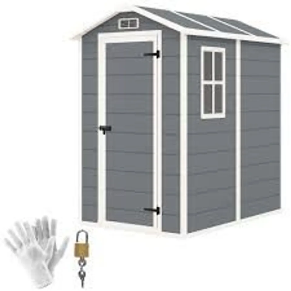 BOXED KETER 4X6FT PLASTIC GARDEN SHED WITH FLOOR - GREY/WHITE (1 BOX)