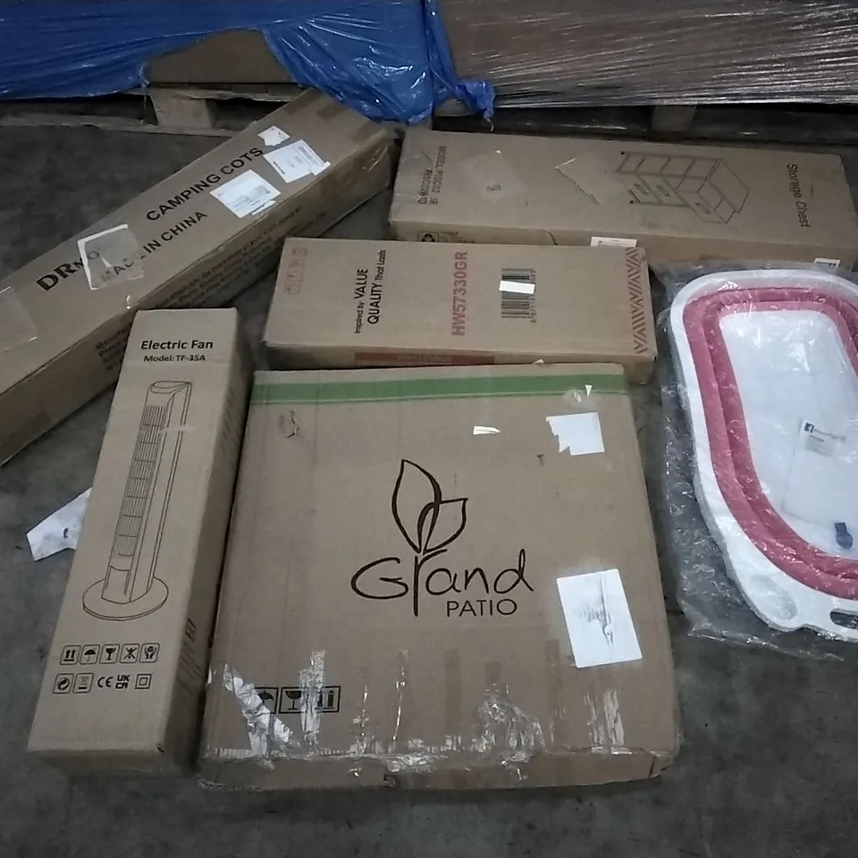PALLET OF ASSORTED ITEMS INCLUDING ELECTRIC FAN, GRAND PATIO, STORAGE CHEST, DRMOIS CAMPING COT, RICCO TOYS, WELLMAX BARRIER MATS   