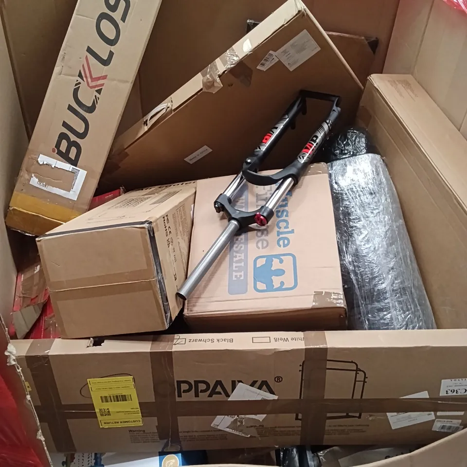 PALLET OF ASSORTED HOUSEHOLD GOODS AND PRODUCTS TO INCLUDE; AIR CONDITIONER, BIKE FORKS, KIDS TOY, BOXED FURNITURE ETC