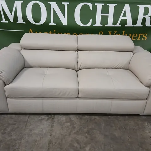 CREAM LEATHER-LOOK 3-SEATER SOFA WITH CUSHIONS