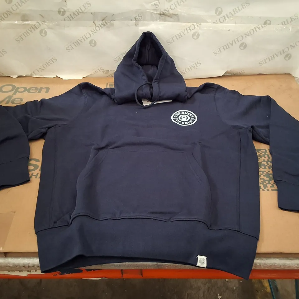 BOX CONTAINING APPROXIMATELY 11 BRASS MONKEY LADIES NAVY HOODIE – QUEEN OF COLD, SIZE L