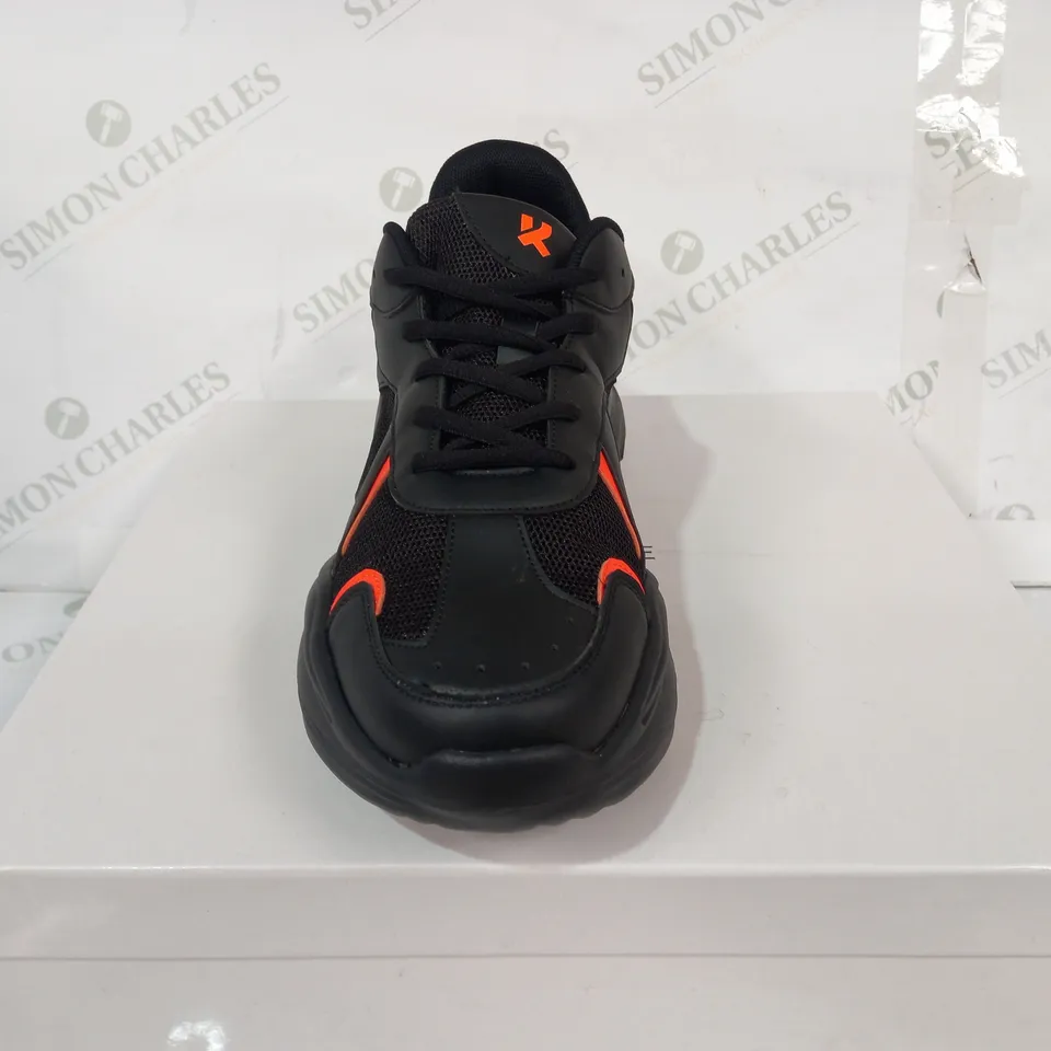 BOXED PAIR OF KOI VEGAN TRAINERS IN BLACK/ORANGE SIZE UNSPECIFIED