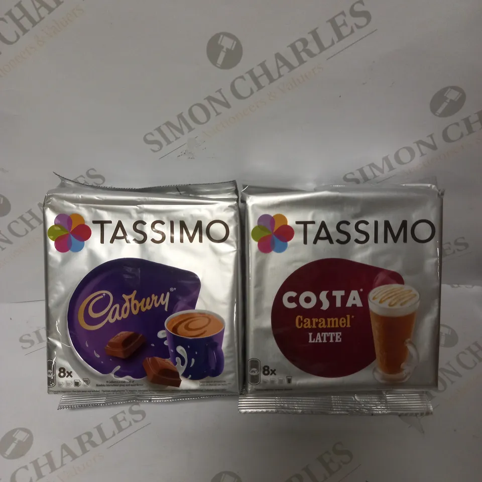 BOX OF 10 TASSIMO DRINKS PODS PACK (8 PODS PER PACK) TO CONTAIN CADBURY HOT CHOCOLATE & COSTA CARAMEL LATTE   