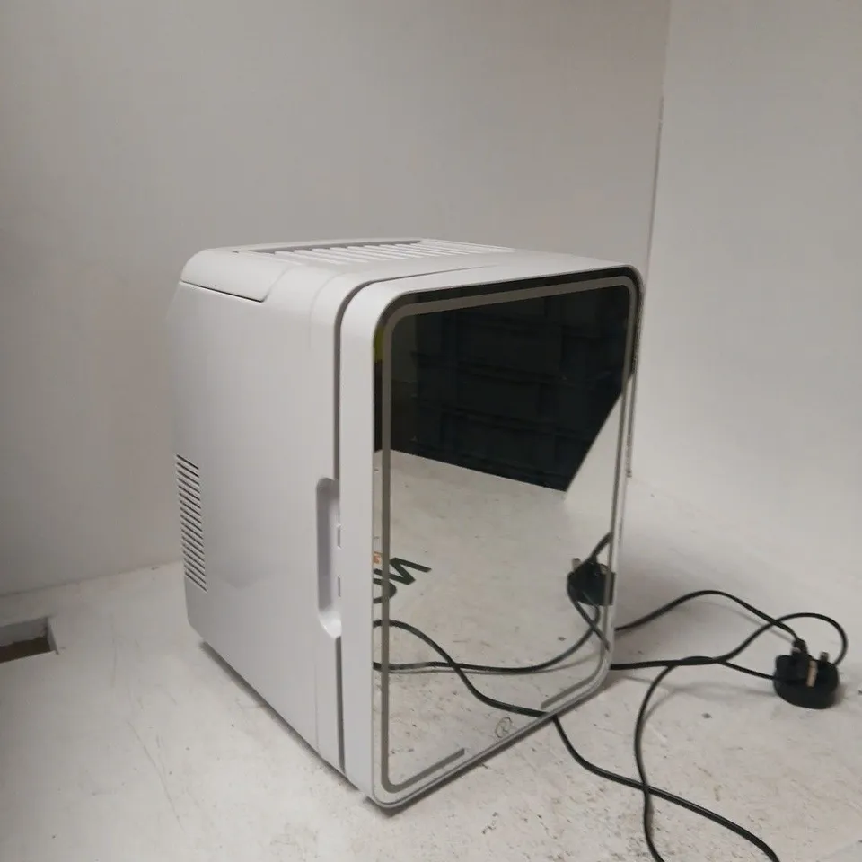 MINI MIRRORED FRIDGE MZA-10 – PORTABLE WHITE 12V DC / 220–240V AC, BLUE INTERIOR