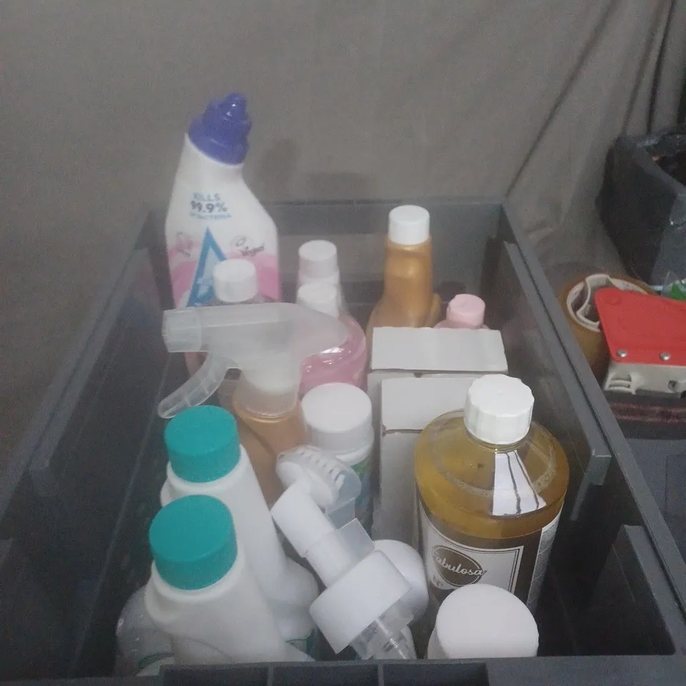 APPROXIMATELY 12 ASSORTED HOUSEHOLD LIQUIDS INCLUDING FABRIC FRESHENER , MULTI PURPOSE CLEANER AND ASTONISH TOILET FRESH 