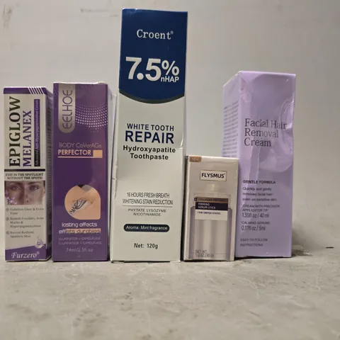 APPROXIMATELY 15 ASSORTED HEALTH & BEAUTY ITEMS TO INCLUDE -CROENT 7.5% WHITE TOOTH REPAIR , RACIAL HAIR REMOVAL CREAM , EPIGLOW MELANEX ETC