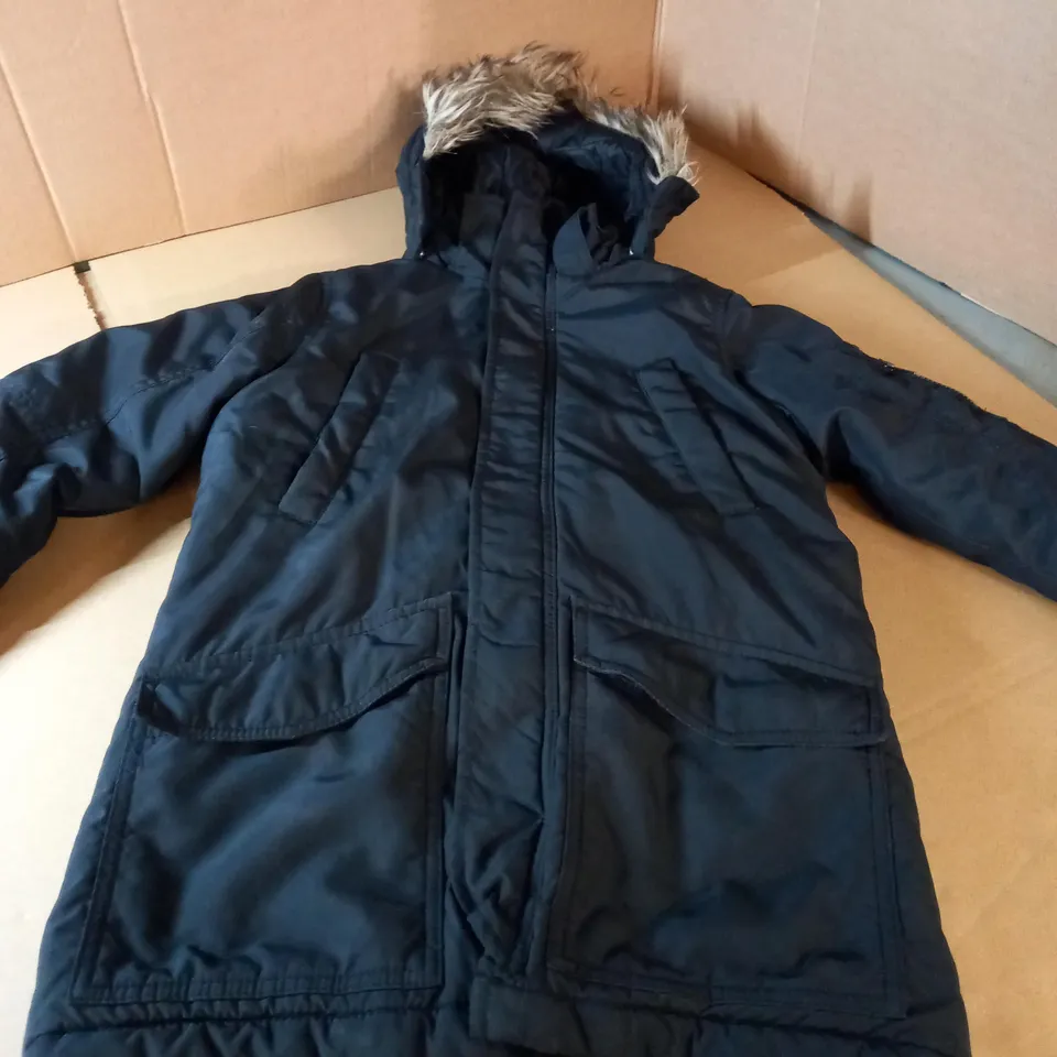 H&M BLACK HOODED COAT WITH FAUX FUR HOOD - SIZE 8-9 YEARS