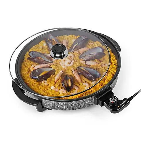 BOXED VONSHEF 6L ROUND ELECTRIC FRYING PAN 42CM WITH LID & ADJUSTABLE TEMPERATURE CONTROL NON STICK ALUMINIUM WITH COOL TOUCH HANDLES (1 BOX)