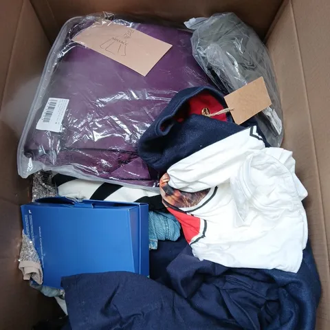 LARGE BOX OF APPROXIMATELY 20 ASSORTED CLOTHING ITEMS IN VARIOUS SIZES, STYLES AND COLOUR