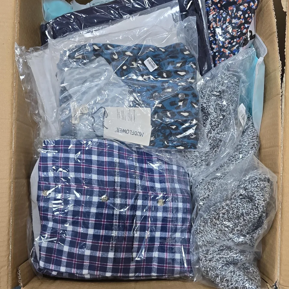 LARGE BOX OF ASSORTED CLOTHING TO INCLUDE -  SHIRTS - T-SHIRTS - JUMPERS 