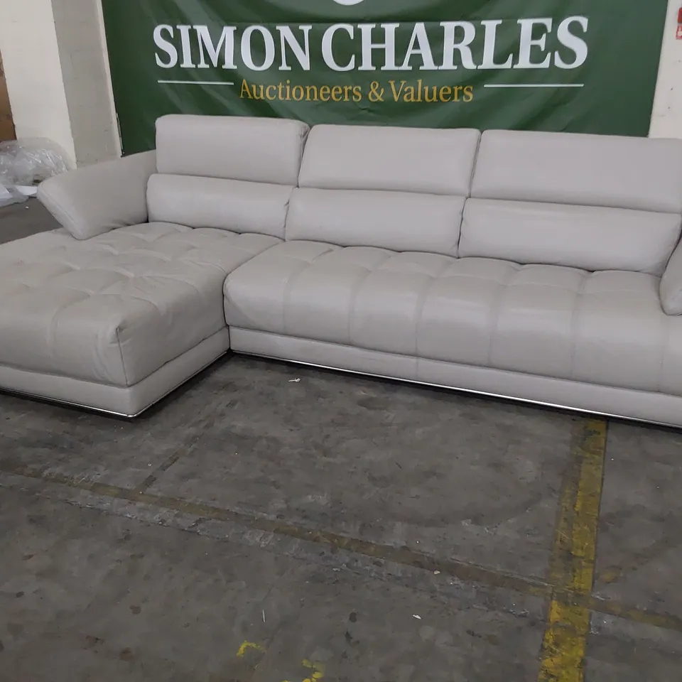 QUALITY ITALIAN DESIGNER NEW VIVALDI CHAISE SOFA WITH ADJUSTABLE HEADRESTS LIGHT GREY LEATHER