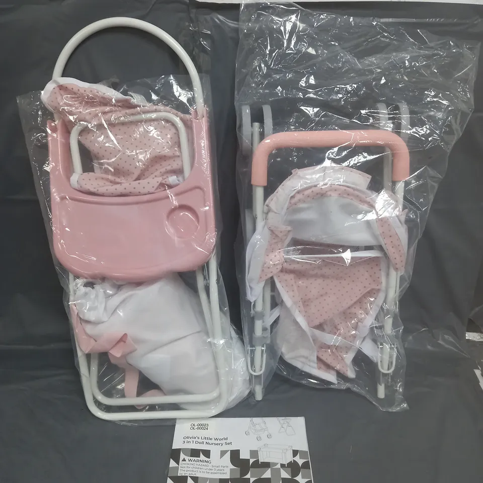 BOXED OLIVIA'S LITTLE WORLD 3 IN 1 DOLL NURSERY SET IN PINK POLKA DOT