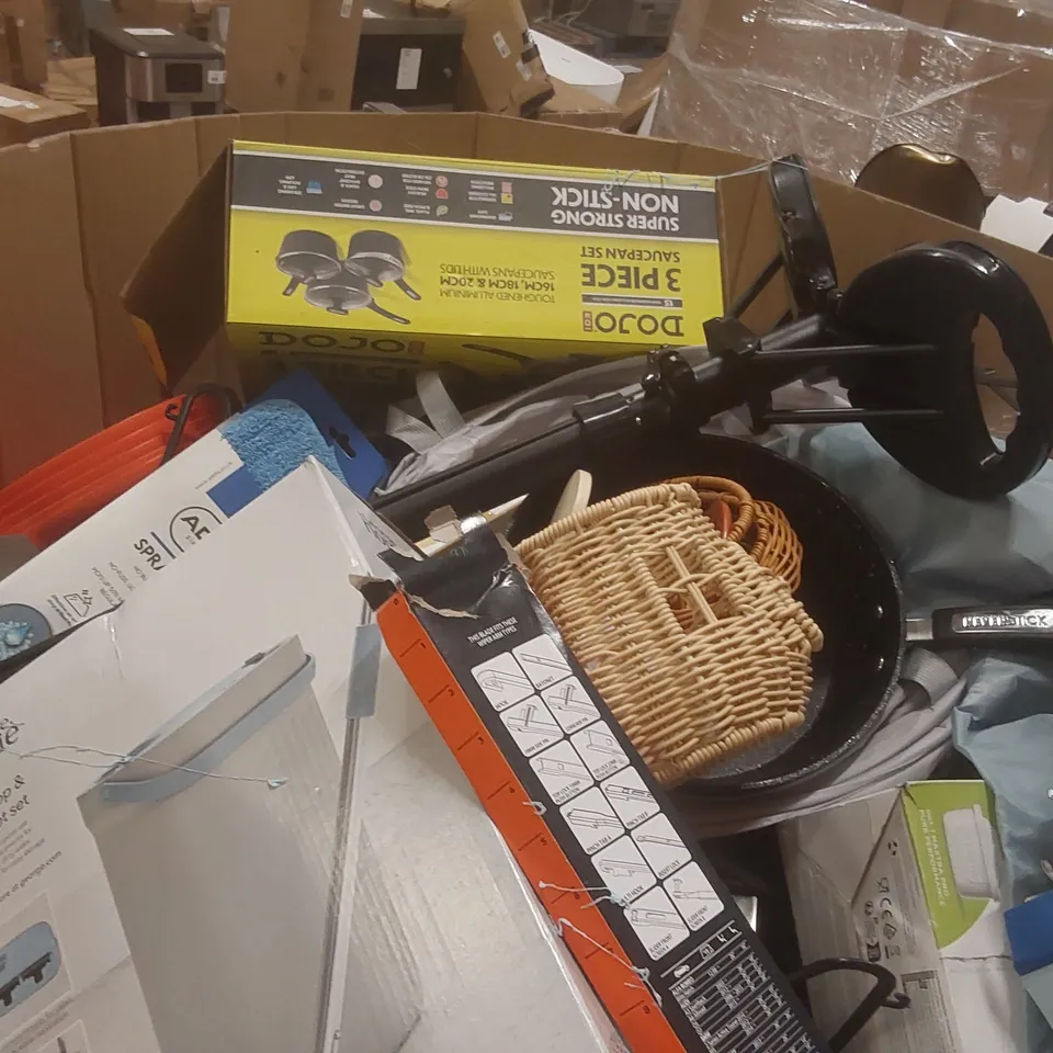 PALLET CONTAINING A VERY LARGE QUANTITY OF ASSORTED CONSUMER PRODUCTS INCLUDING: PORTABLE STOOL, WIPER BLADES, FLAT MOP & BUCKET SET, POTS & PANS ECT