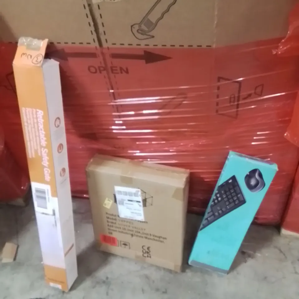 PALLET OF ASSORTED HOUSEHOLD GOODS AND PRODUCTS TO INCLUDE;KEYBOARD,PLAYPEN,RETRACTABLE SAFETY GATE