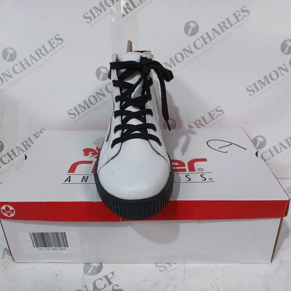 BOXED PAIR OF RIEKER HIGH TOP TRAINERS W. SIDE ZIP IN WHITE EU SIZE 40