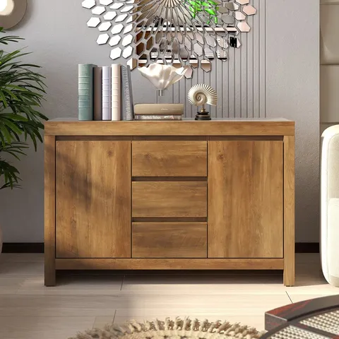 BOXED ELLANI CUBBOT WIDE 2 DOOR 3 DRAWER SIDEBOARD - KNOTTY OAK (1 BOX)