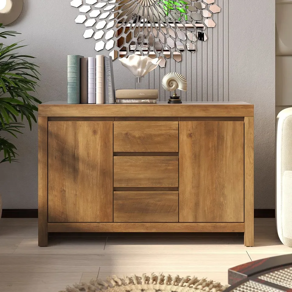 BOXED ELLANI CUBBOT WIDE 2 DOOR 3 DRAWER SIDEBOARD - KNOTTY OAK (1 BOX)