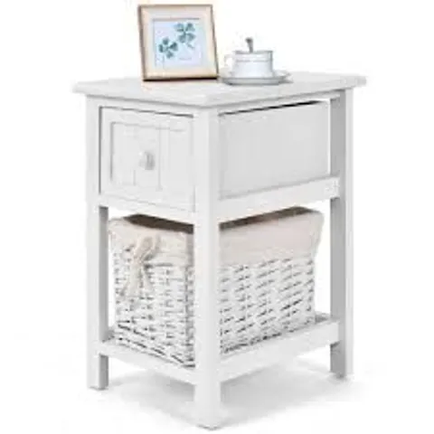 BOXED COSTWAY 2 SHELF SINGLE DRAWER WHITE WOOD SIDE TABLE WITH BASKET SET OF 2