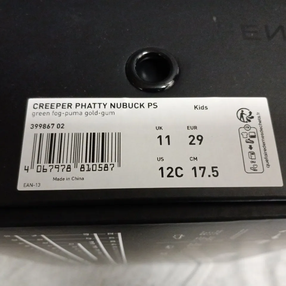 PUMA CREEPER PHATTY NUBUCK PS KIDS SHOES – GREEN FOG, GUM SOLE, UK 11