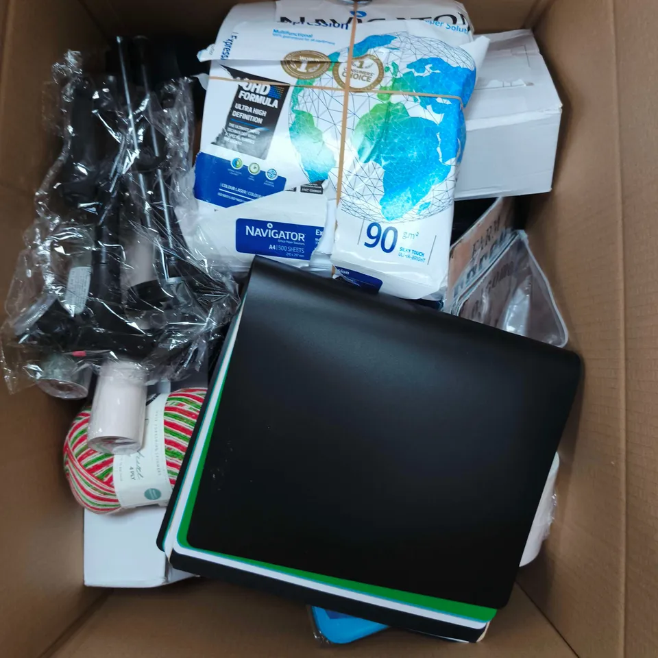 APPROXIMATELY 20 ASSORTED HOUSEHOLD PRODUCTS TO INCLUDE PRINTING PAPER, FOLDERS, WALKING STICK ETC 