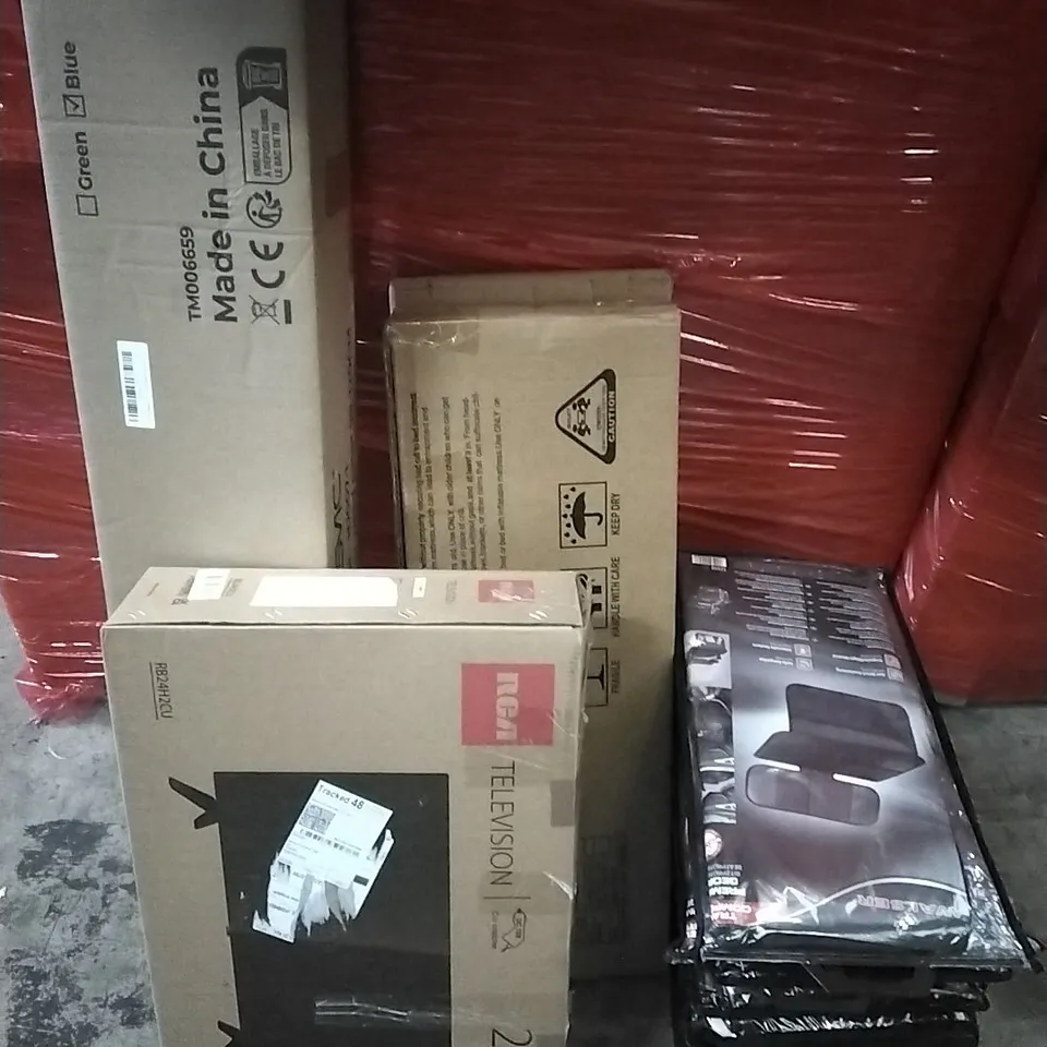 PALLET OF HOUSEHOLD ITEMS TO INCLUDE VIBRATION PLATE, MANUAL WEEDER, TV,BED RAIL GUARDS, SEAT PROTECTORS AND OTHER ASSORTED ITEMS...